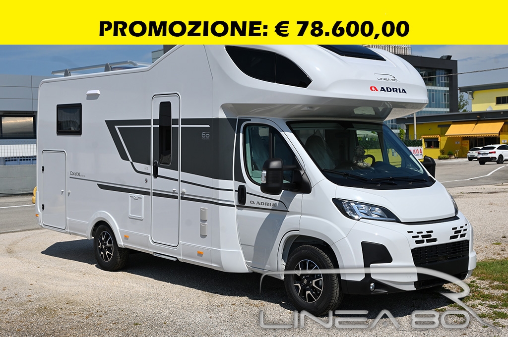 Vendita camper nuovo Adria Coral XL 660 SL 60 Years, disponibile presso Linea80, concessionario di Camper e caravan che lavora nelle province di Venezia, Padova, Treviso, Verona, Rovigo, Vicenza, Belluno, Trieste, Udine, Ferrara o Pordenone